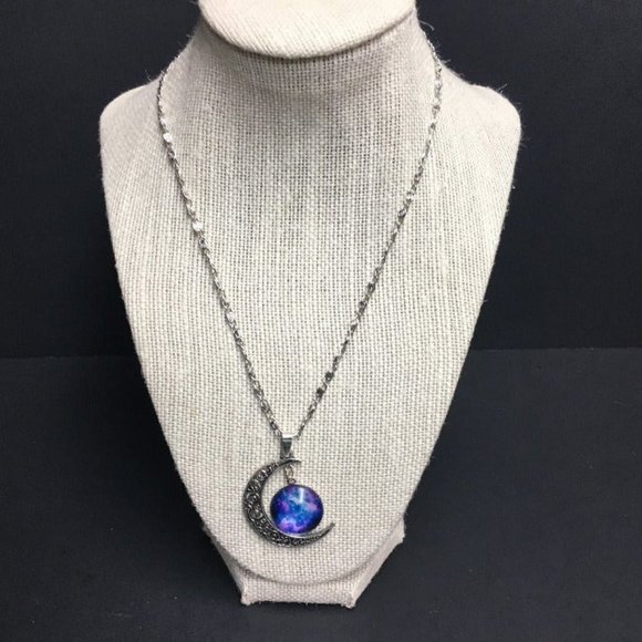 Luvalti Silver Pendant Necklace Crescent Moon Blue Purple Galaxy Retro BoHo - Picture 3 of 6